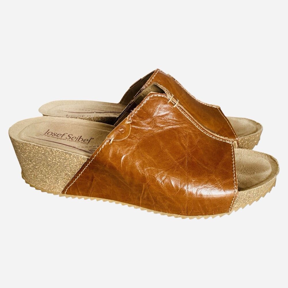 Josef Seibel Meike Leather Slides 9 Size 40 Brown Slip On Sandals Heels Cork